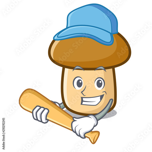 Playing baseball porcini mushroom character cartoon