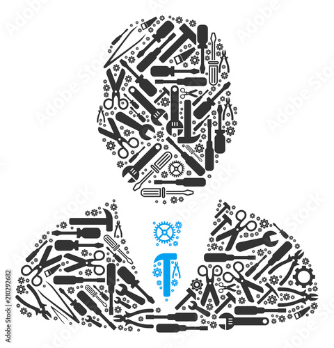 Businessman mosaic of workshop tools. Vector businessman icon is done of gear wheels, hammers and other technical items. Concept of technician workshop.