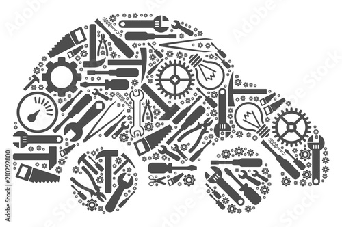 Car composition of service tools. Vector car icon is made of gear wheels, spanners and other technical items. Concept of mechanic service.