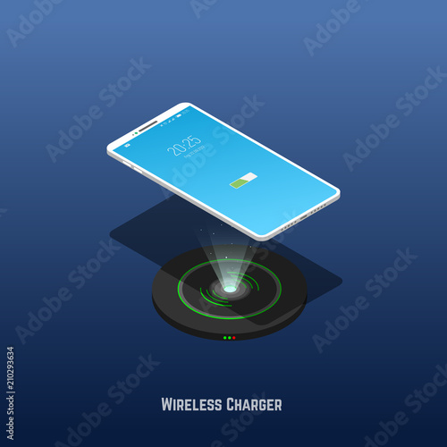 Isometric mobile phone levitates above wireless charger. Wireless phone charger banner. Technology to charge gadgets without wires. Trendy gradient and isometric vector.