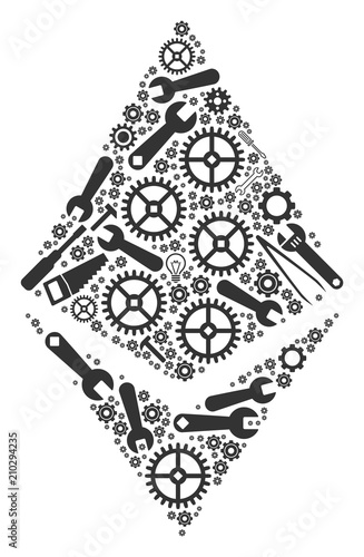 Ethereum crystal composition of service instruments. Vector Ethereum crystal icon is done from cogs, hammers and other technical items. Concept of maintenance service.