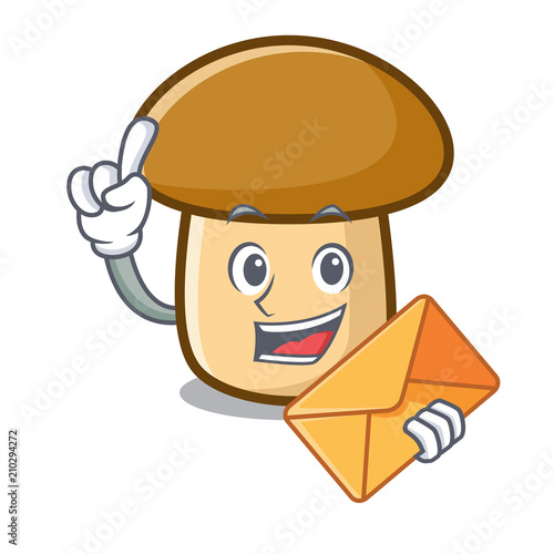 With envelope porcini mushroom character cartoon