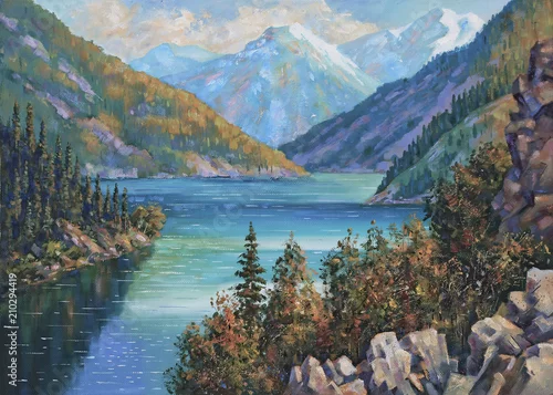 Fototapeta samoprzylepna Obraz olejny na płótnie. Jezioro Kolsai, Kazachstan. Autor: Nikolay Sivenkov.