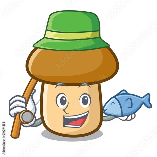 Fishing porcini mushroom mascot cartoon