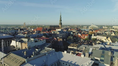 Petera Baznica Riga city Church buildings Old Down Town Drone flight photo
