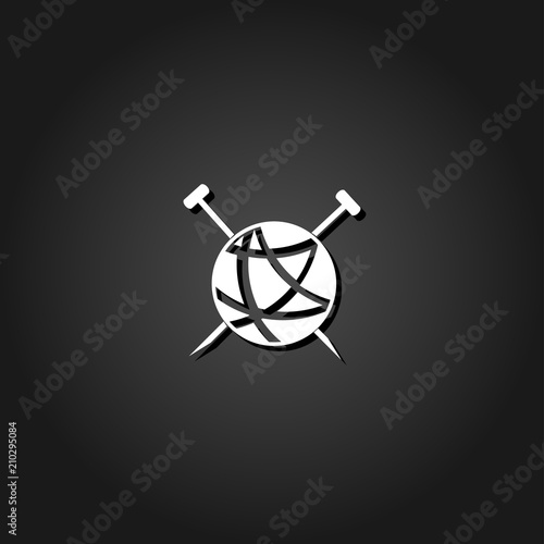 Tailor ravel ball of yarn for knitting icon flat. Simple White pictogram on black background with shadow. Vector illustration symbol