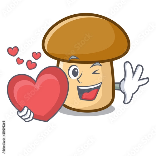 With heart porcini mushroom mascot cartoon