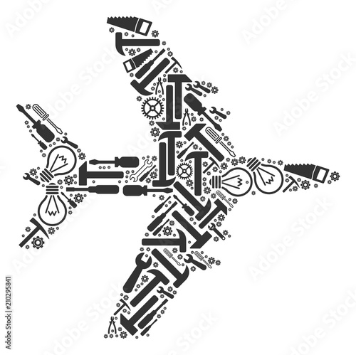 Jet plane mosaic of service instruments. Vector jet plane icon is designed of cogwheels, wrenches and other technical objects. Concept for technical workshop.