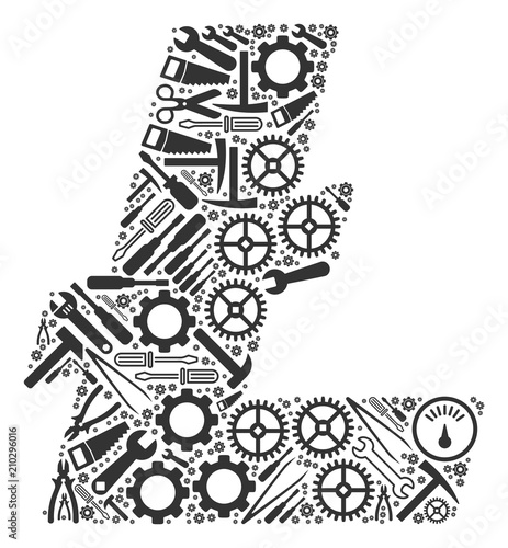 Litecoin composition of service instruments. Vector Litecoin icon is done with cogwheels, spanners and other service items. Concept of technician service.