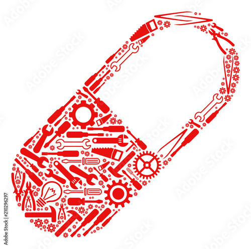 Medication granule collage of service instruments. Vector medication granule icon is done of cogwheels, hammers and other service items. Concept for maintenance service.