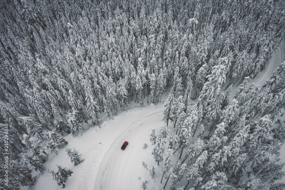 Aerial view of a car driving through the Mt Hood National Forest, Oregon. Aerial view of a car driving through the Mt Hood National Forest, Oregon.