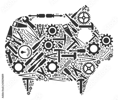 Piggy bank mosaic of repair tools. Vector piggy bank icon is organized of gearwheels, wrenches and other technical items. Concept of maintenance job.