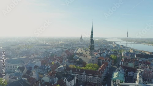 Riga city sunset Church Petera Baznica buildings Old Down Town Drone flight photo