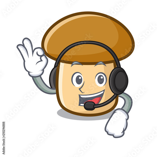 With headphone porcini mushroom mascot cartoon