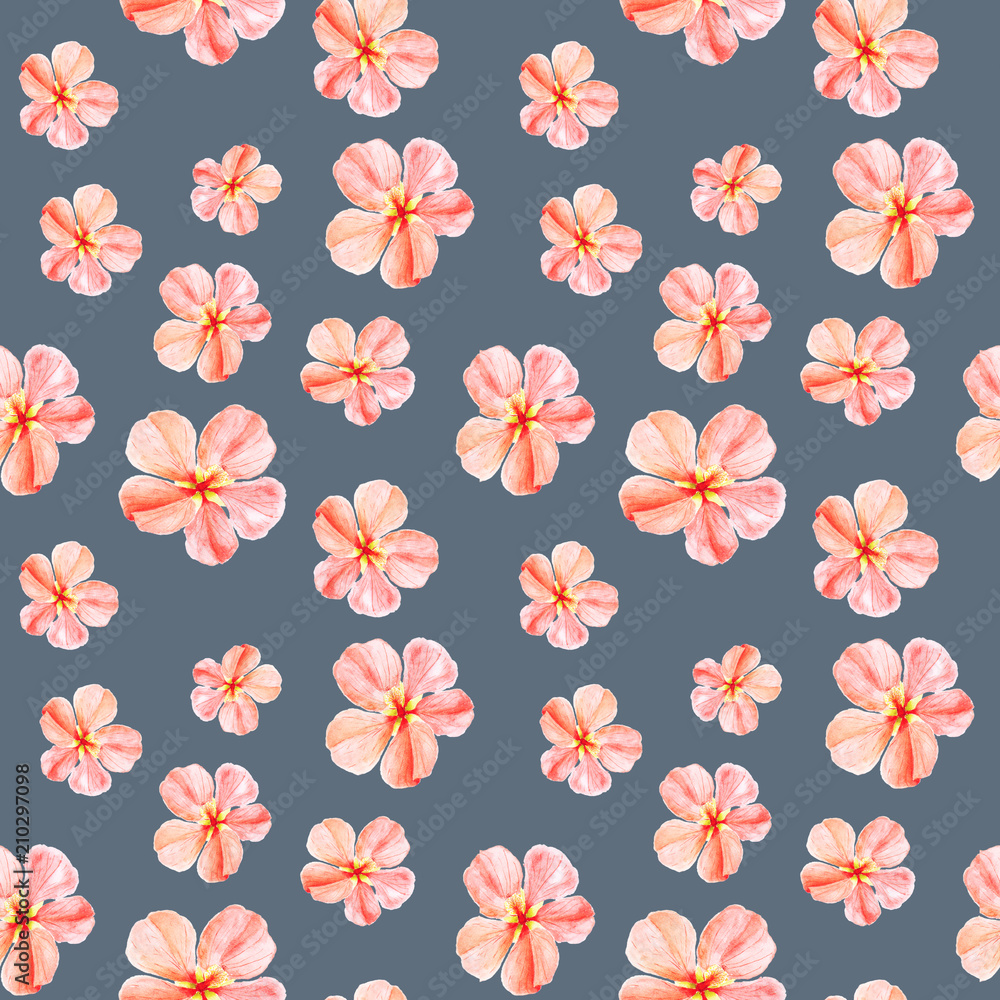 Handpainted watercolor seamless pattern with yellow and red mallow flowers Abutilon on black background. Handpainted watercolor seamless pattern with yellow and red mallow flowers Abutilon on black background.