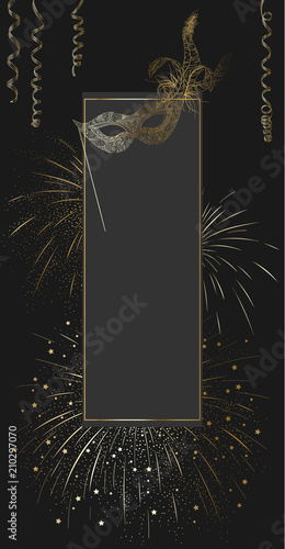 Black carnival background with gold mask and firework.