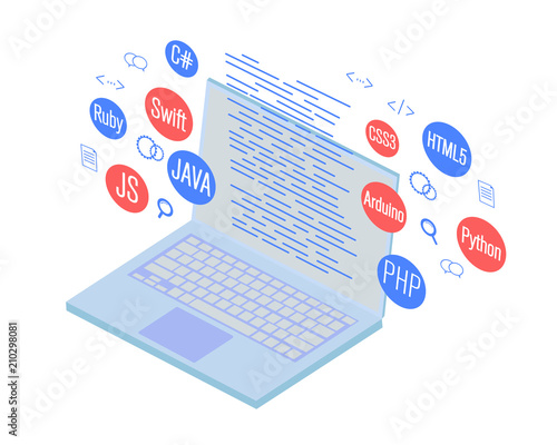programming banner, coding, best programming languages, isometric illustration concept