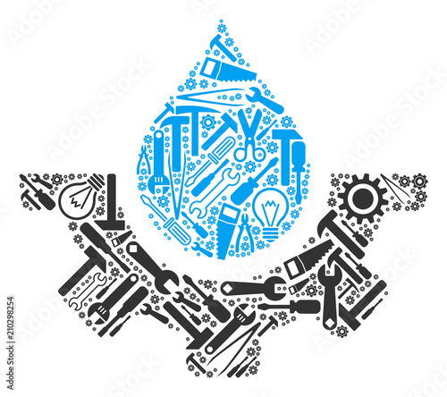 Water drop service cog mosaic of repair instruments. Vector water drop service cog icon is composed of cogs, hammers and other service objects. Concept of maintenance service.