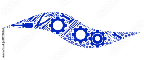 Wave shape collage of workshop instruments. Vector wave shape icon is shaped with cogwheels, spanners and other technical items. Concept of technical job.