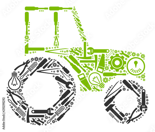 Wheeled tractor collage of service tools. Vector wheeled tractor icon is created of cogs, spanners and other equipment objects. Concept of maintenance service.