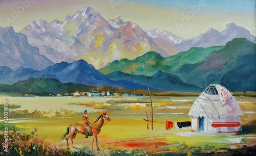 Fototapeta samoprzylepna Kazachstan Jurta w pobliżu wsi. Obraz olejny na płótnie. Autor: Nikolay Sivenkov.