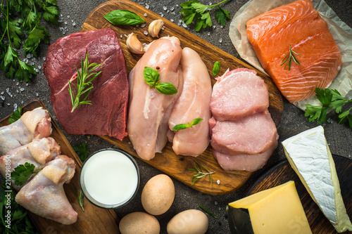 Animal protein sources- meat, fish, cheese and milk. photo