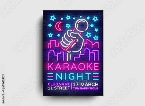 Karaoke night poster neon vector. Karaoke party design template, bright neon brochure, modern trend design, light banner, typography invitation to the party, advertising postcard. Vector illustration