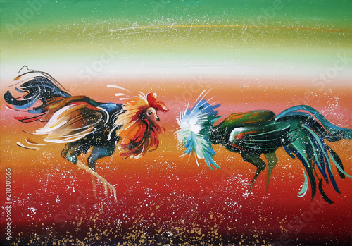 An oil painting on canvas. Fight of young roosters. Artistic work in bright and juicy tones.