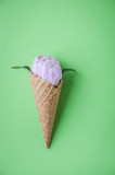 Ice cream horn or cone with light pink peony flower over green background. Summer concept. Minimalism, copy space, top view..