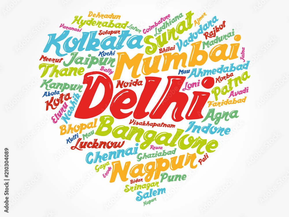 List of cities and towns in India composed in love sign heart shape, word cloud collage, business and travel concept background