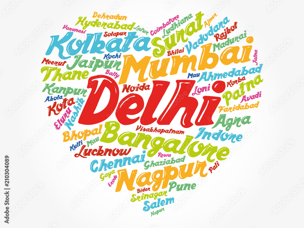 List of cities and towns in India composed in love sign heart shape, word cloud collage, business and travel concept background List of cities and towns in India composed in love sign heart shape, word cloud collage, business and travel concept background