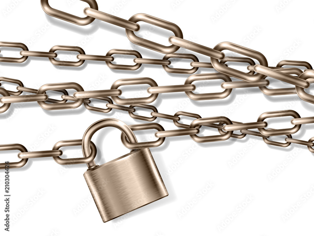 The realistic brown metal chain and padlock, handcuffed card, vector illustration The realistic brown metal chain and padlock, handcuffed card, vector illustration