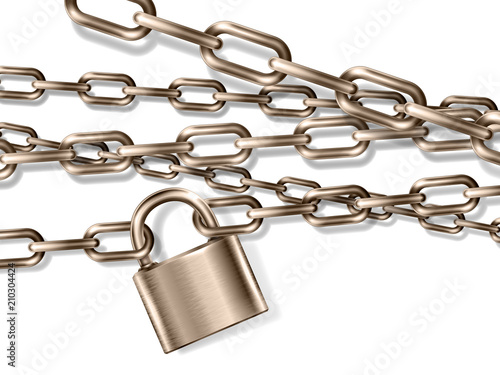 The realistic  brown metal chain and padlock, handcuffed card, vector illustration
