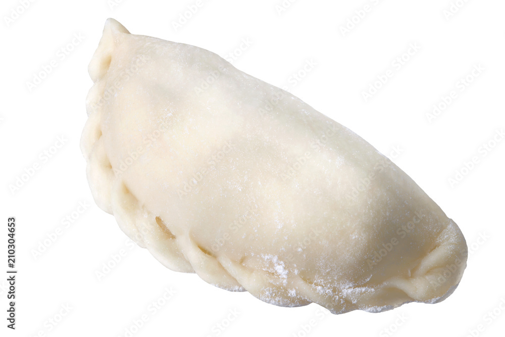 Raw fresh homemade dumplings with cherries isolated on white background. Russian and Ukrainian cuisine. Closeup, great depth of field Raw fresh homemade dumplings with cherries isolated on white background. Russian and Ukrainian cuisine. Closeup, great depth of field