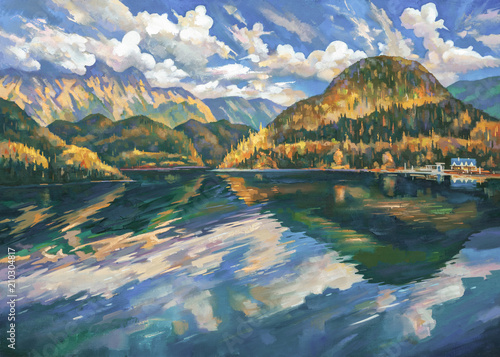 Lake Ritsa in the autumn. Abkhazia. An oil painting on canvas. Author: Nikolay Sivenkov.