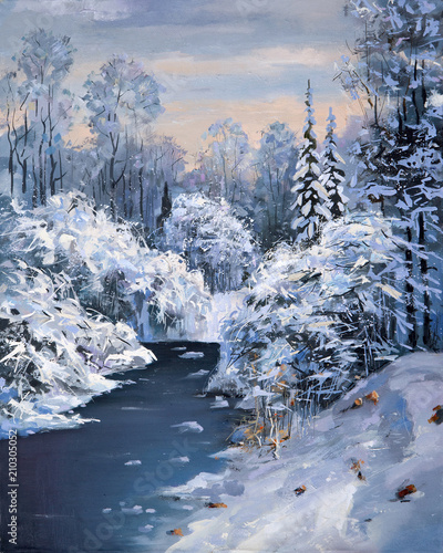 Winter thaw in a mountain forest. Artistic work in delicate colors: oil on canvas. Author: Nikolay Sivenkov. photo