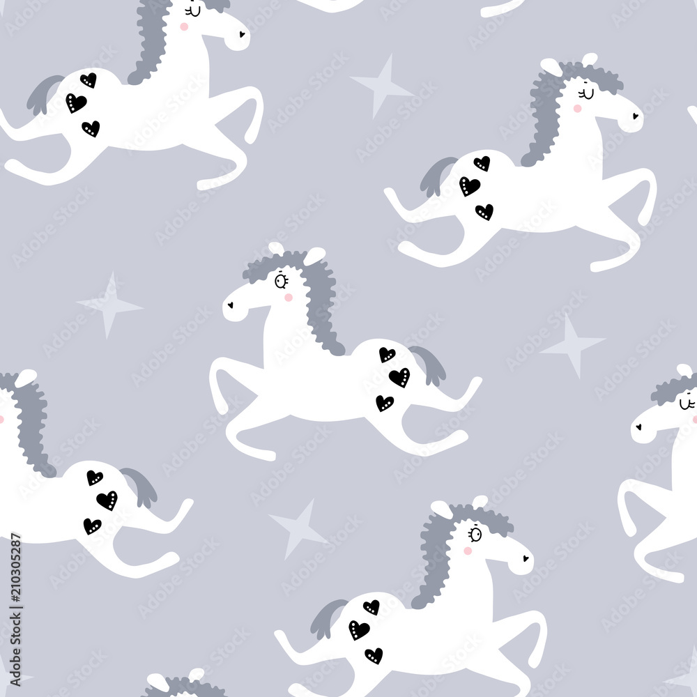 vector seamless background pattern with beautiful scandinavian horses for baby shower,  fabric, textile