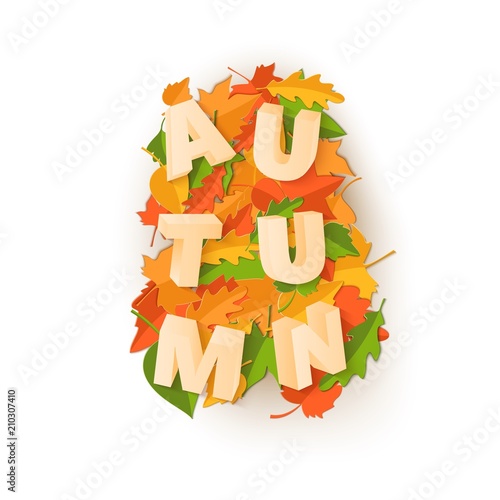 Word AUTUMN composition with green yellow red leaves on white background in paper cut style. Fall craft leaf 3d realistic letters for design poster, banner, flyer T-shirt printing. Vector illustration