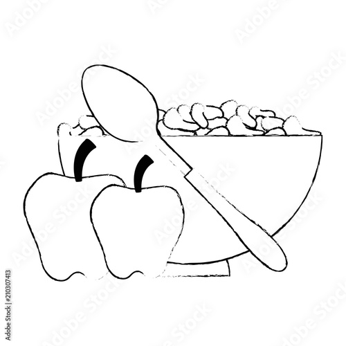 cereal dish with spoon and apples vector illustration design