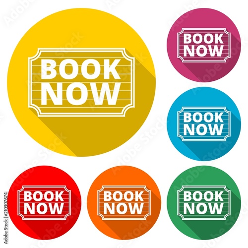 Book Now icon, Book Now sign, color icon with long shadow