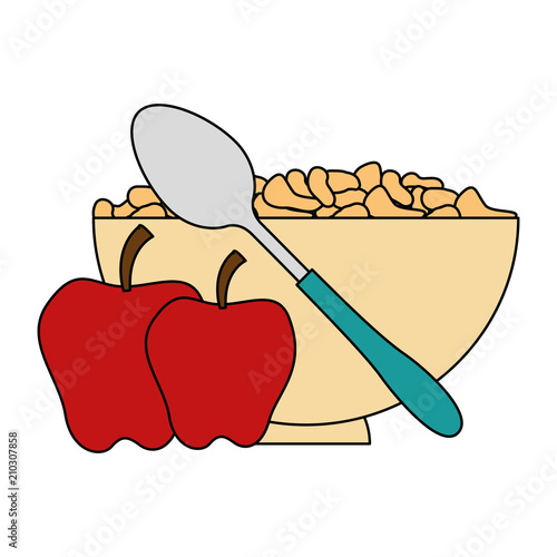 cereal dish with spoon and apples vector illustration design