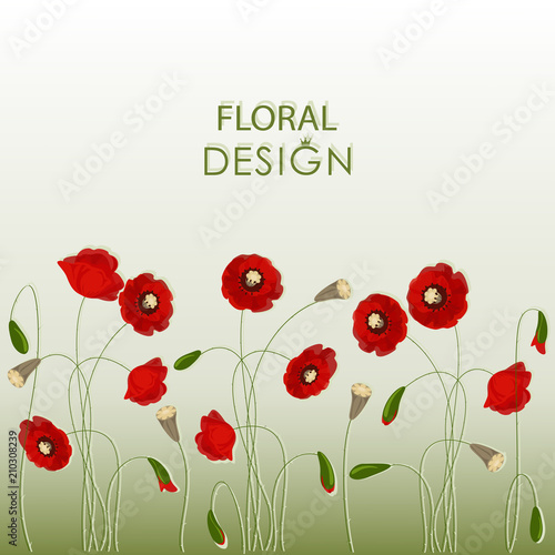 Fototapeta Naklejka Na Ścianę i Meble -  Poppy field. Floral design. Image on a gradient background. Design for a postcard, poster, message with space for text.