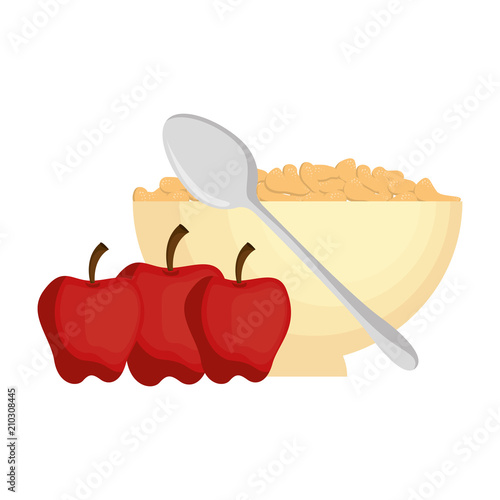 cereal dish with spoon and apples vector illustration design