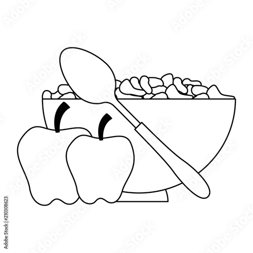 cereal dish with spoon and apples vector illustration design