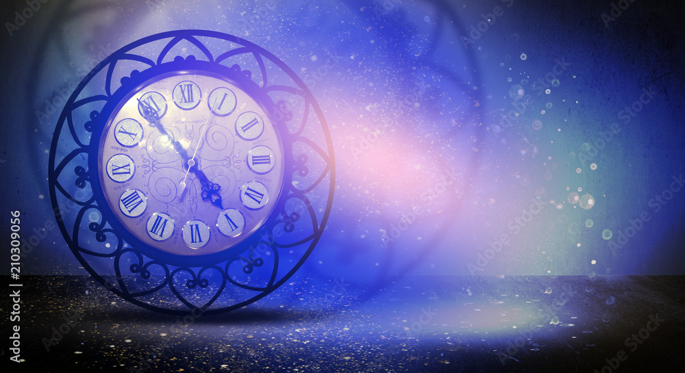 Clock vintage on an abstract background bokeh, neon, fulfillment of desires, magic of time