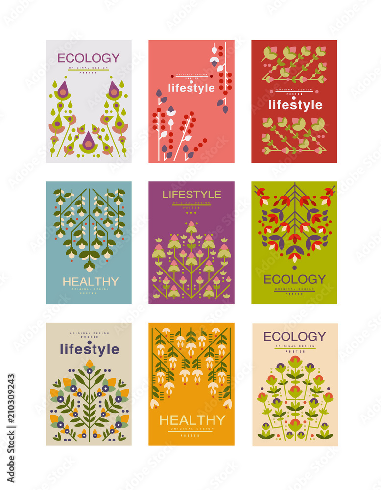 Ecology lifestyle cards set, ecological templates for poster, banner, flyer, invitation, brochure vector illustrations