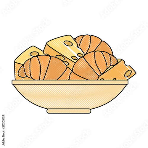 dish with cheese piece and bread vector illustration design