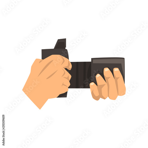 Hands holding photo camera vector Illustration on a white background