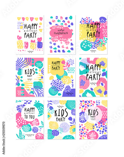Kids birthday party original design posters set, templates for placard, invitation, poster, card, flyer vector Illustrations