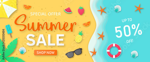 Summer sale background for banner, flyer, invitation, poster, web site or greeting card. Paper cut style, vector illustration